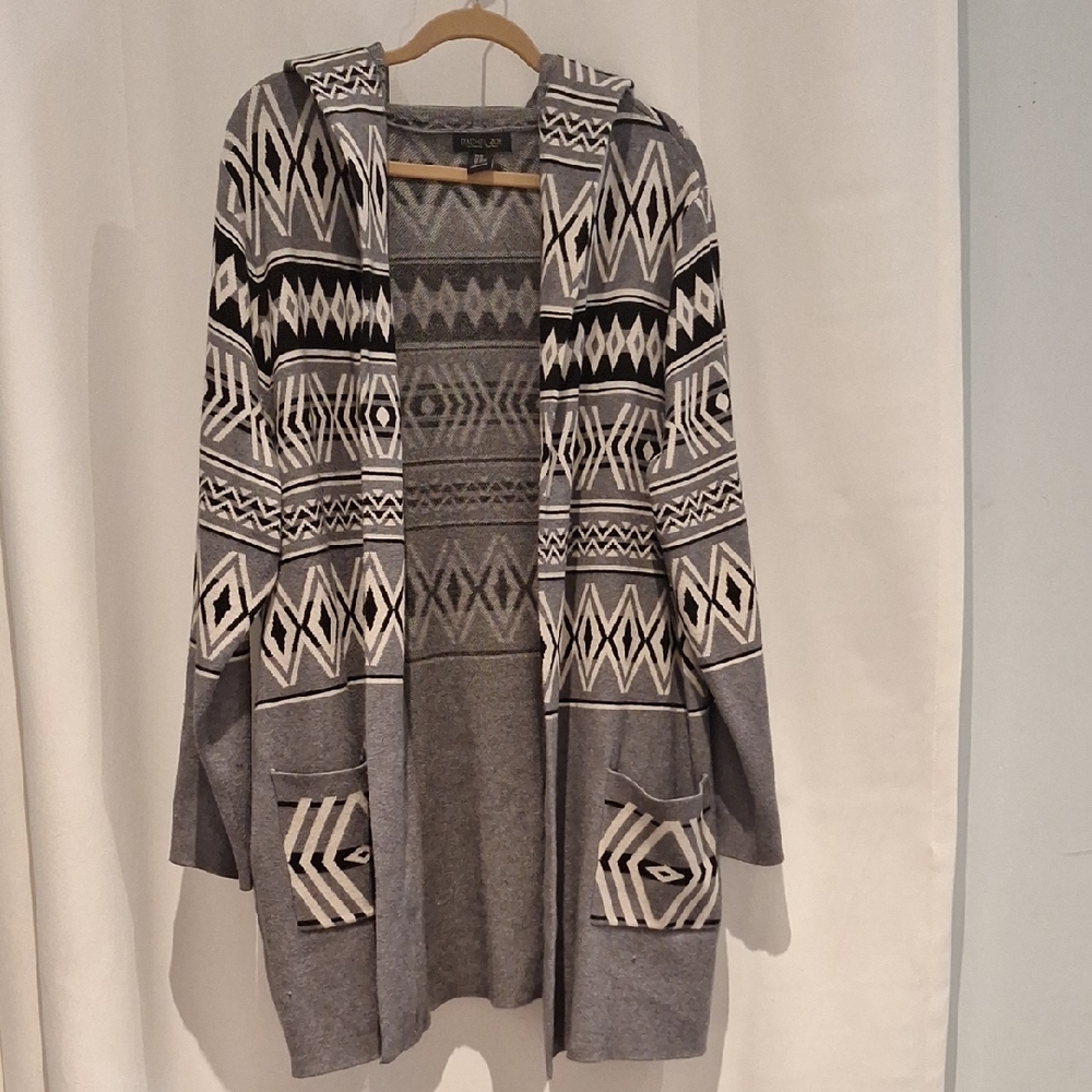 Rachel Zoe Geometric Southwestern Patterned Gray Hooded Cardigan Sweater Size 2X